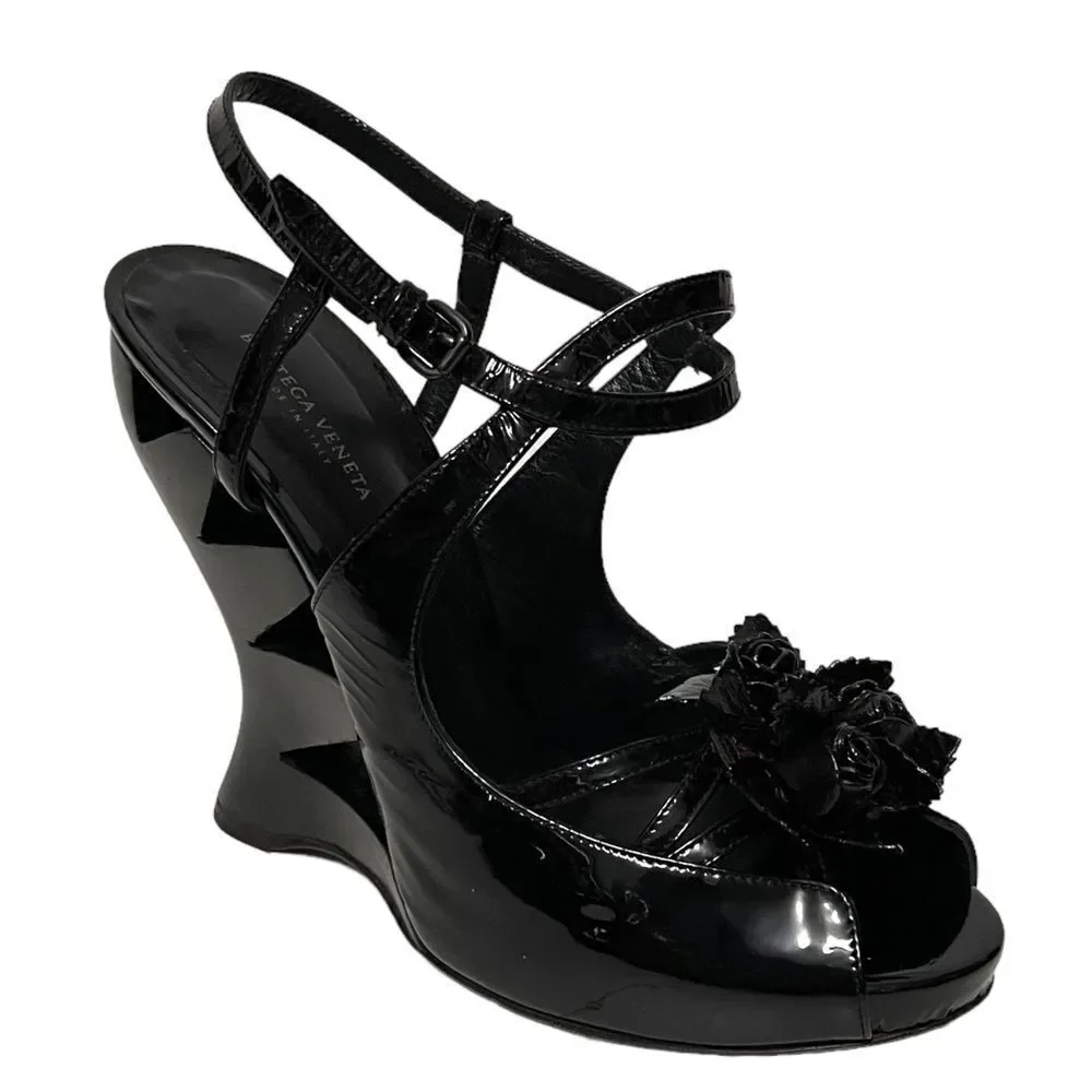 BOTTEGA VENETA Patent Leather Floral Cutout Wedge Heel Sandals 36.5
